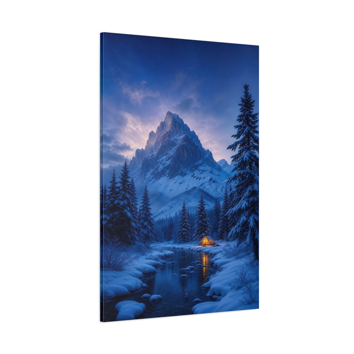 Side Mockup 1. Glowing Tent In Snow shown as canvas print