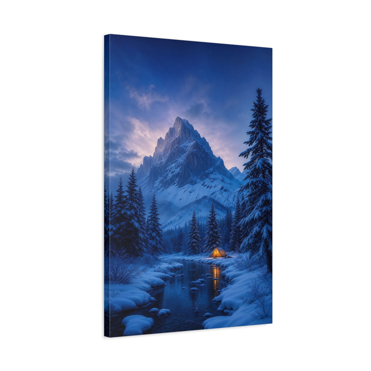 Side Mockup 2. Glowing Tent In Snow shown as canvas print