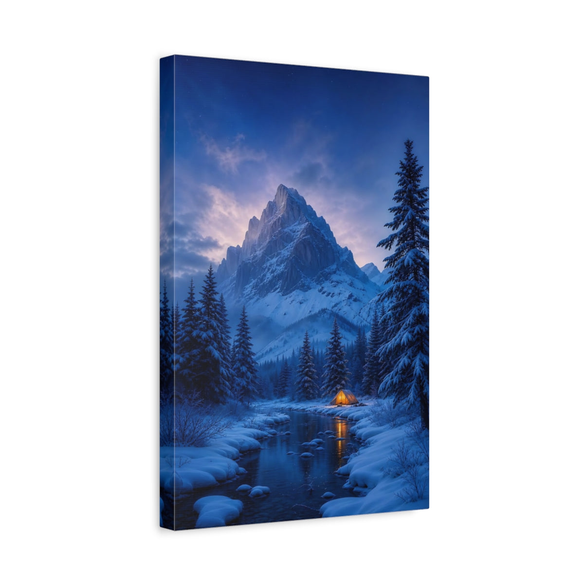 Side Mockup 4. Glowing Tent In Snow shown as canvas print
