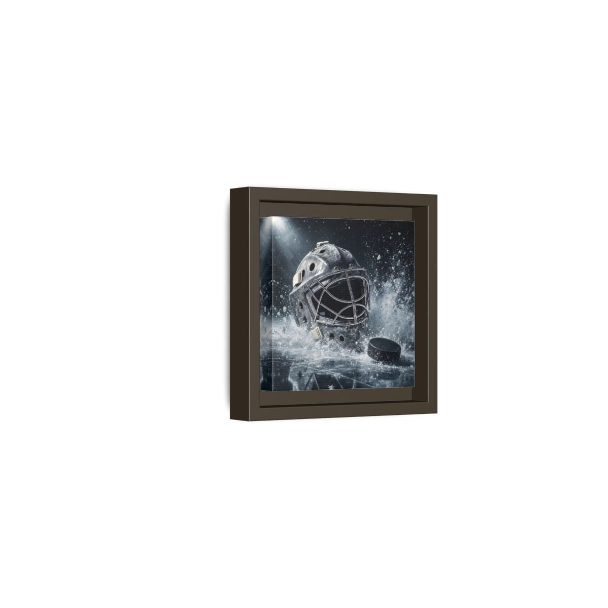 Side Mockup 23. Goalie Mask And Puck shown as framed canvas print