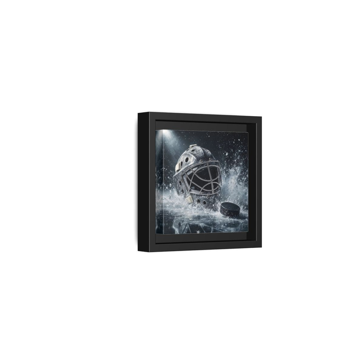 Side Mockup 24. Goalie Mask And Puck shown as framed canvas print