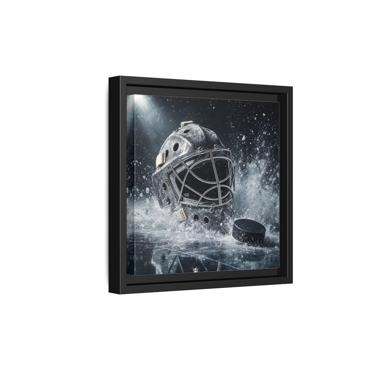 Side Mockup 21. Goalie Mask And Puck shown as framed canvas print