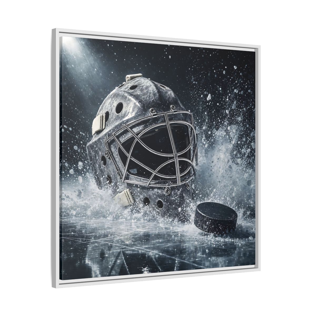 Side Mockup 25. Goalie Mask And Puck shown as framed canvas print