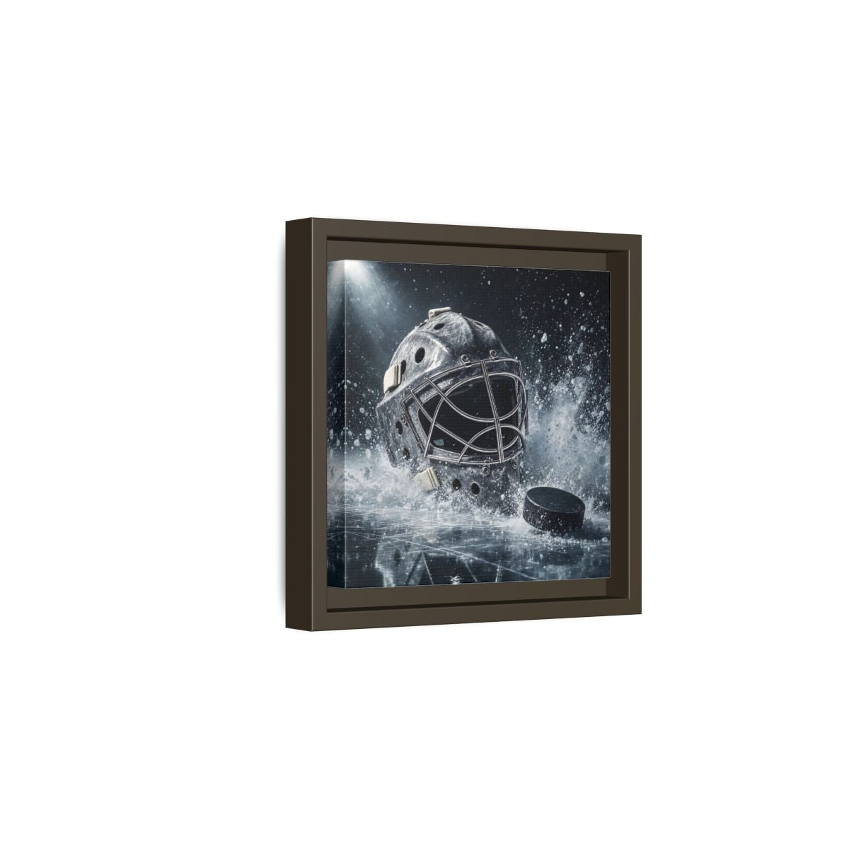 Side Mockup 2. Goalie Mask And Puck shown as framed canvas print