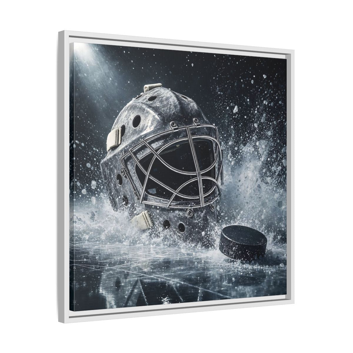 Side Mockup 26. Goalie Mask And Puck shown as framed canvas print