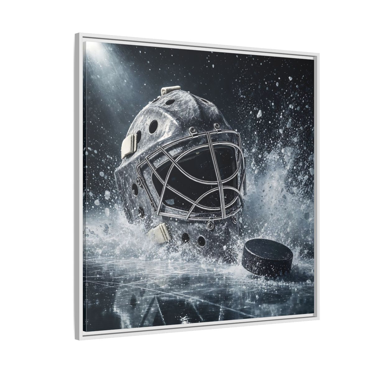 Side Mockup 4. Goalie Mask And Puck shown as framed canvas print