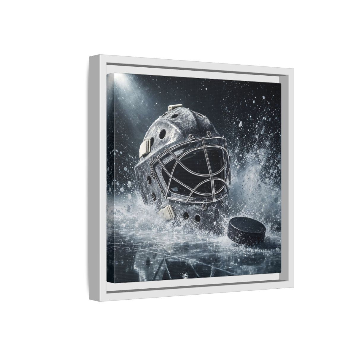 Side Mockup 16. Goalie Mask And Puck shown as framed canvas print