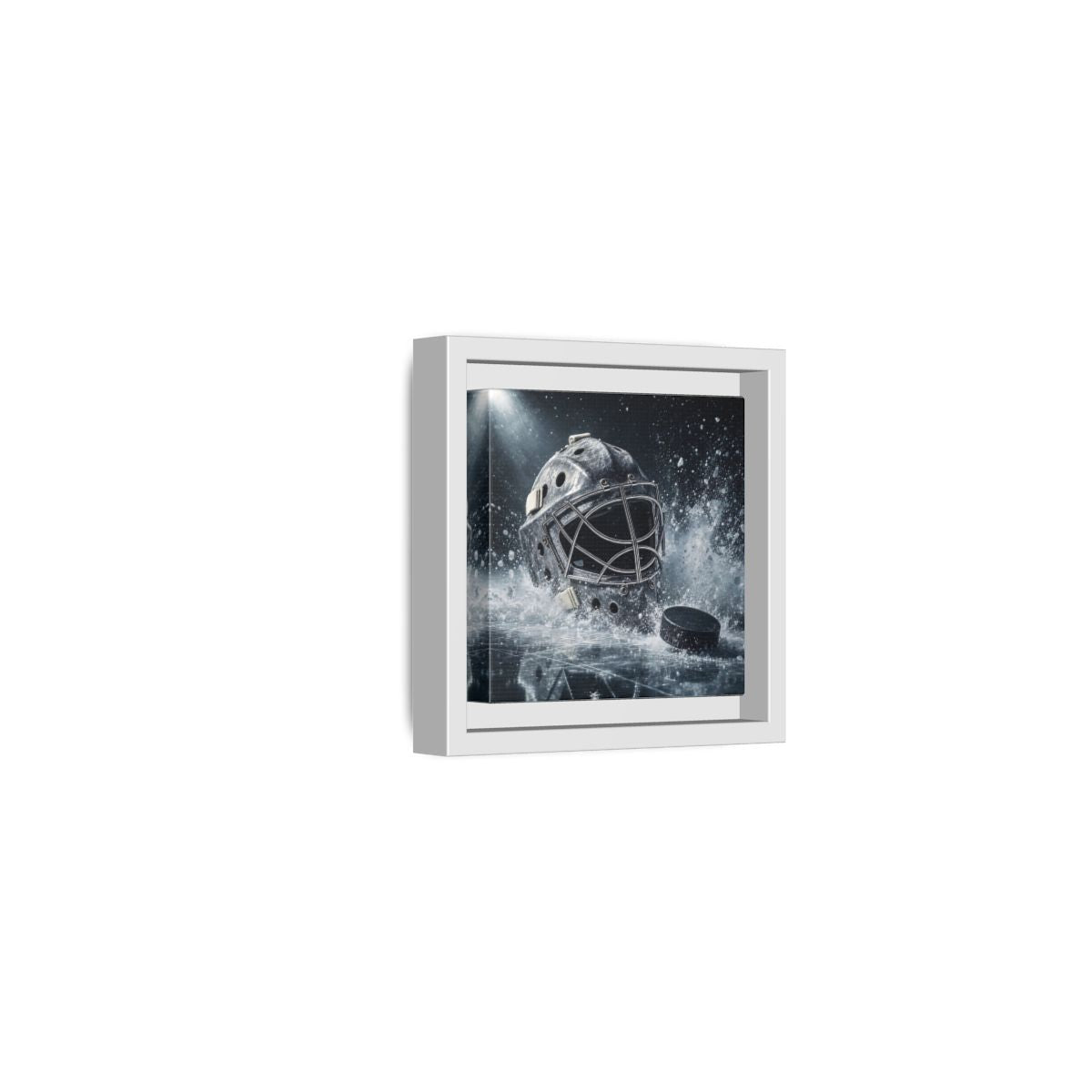 Side Mockup 22. Goalie Mask And Puck shown as framed canvas print