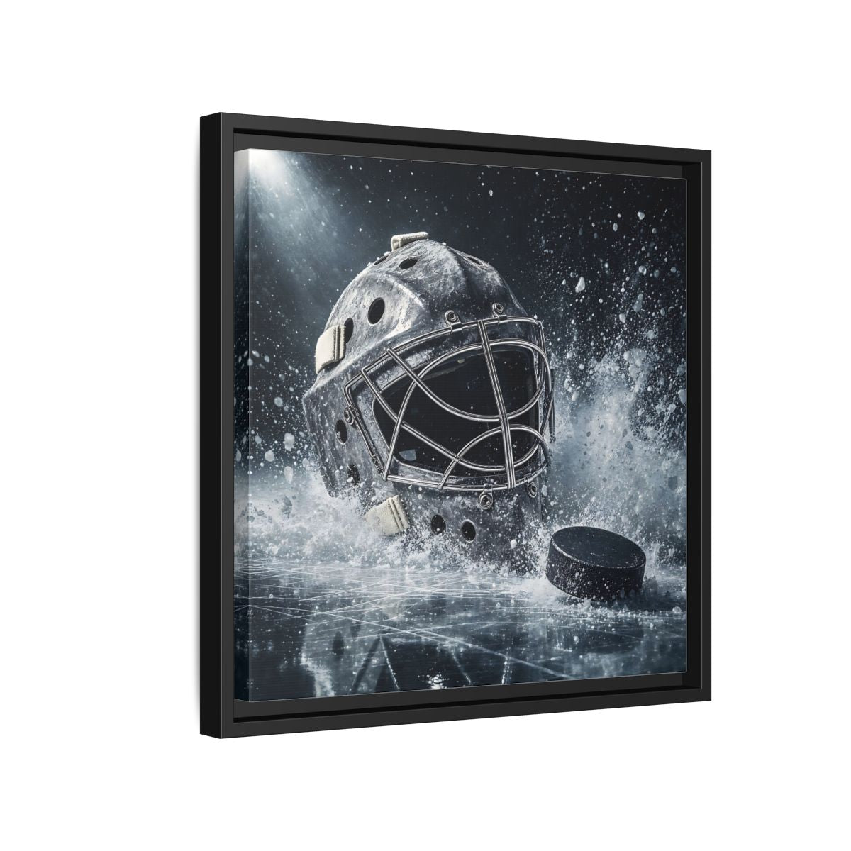 Side Mockup 15. Goalie Mask And Puck shown as framed canvas print