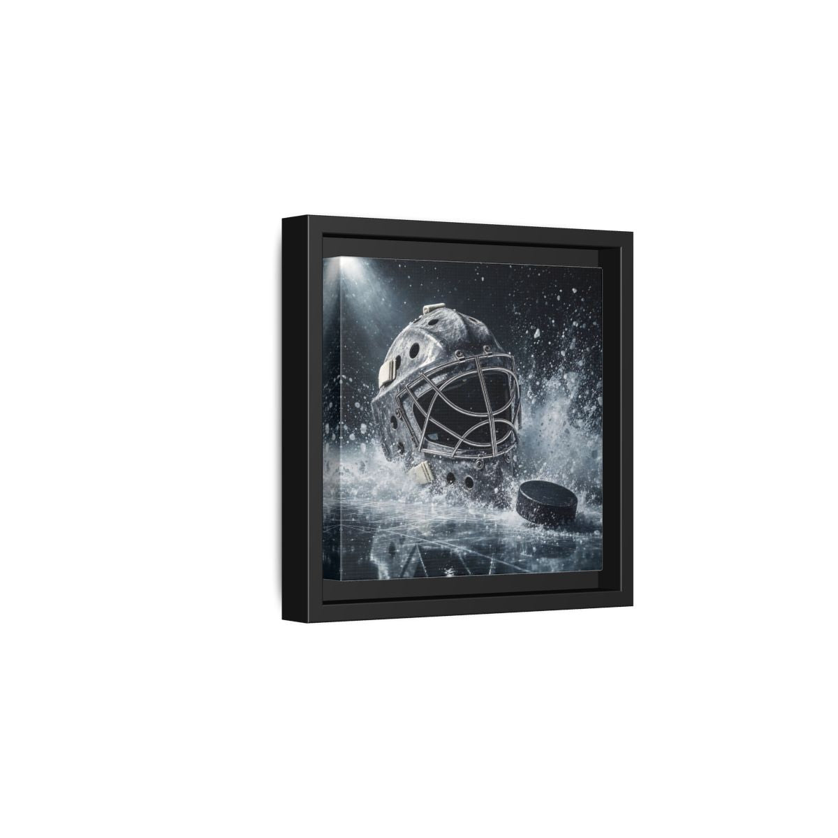 Side Mockup 3. Goalie Mask And Puck shown as framed canvas print