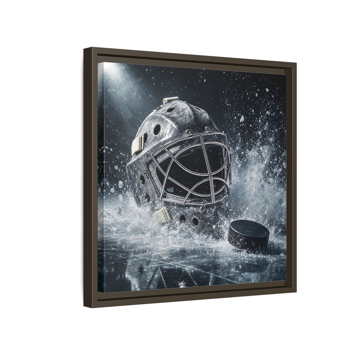 Side Mockup 14. Goalie Mask And Puck shown as framed canvas print