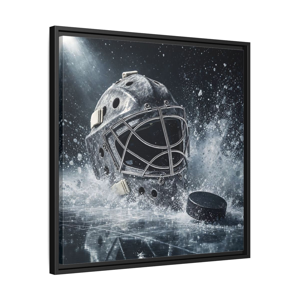 Side Mockup 31. Goalie Mask And Puck shown as framed canvas print