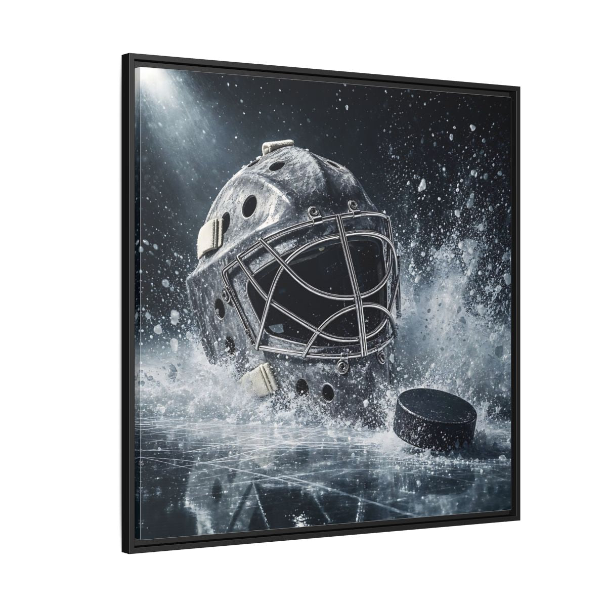 Side Mockup 6. Goalie Mask And Puck shown as framed canvas print