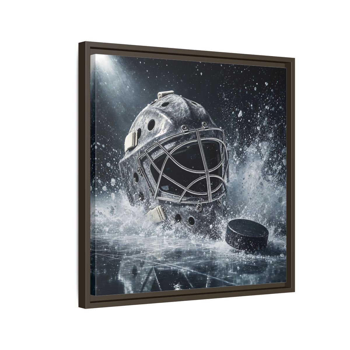 Side Mockup 11. Goalie Mask And Puck shown as framed canvas print