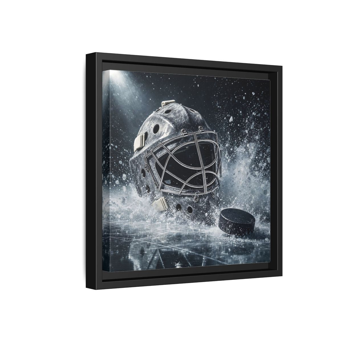 Side Mockup 18. Goalie Mask And Puck shown as framed canvas print