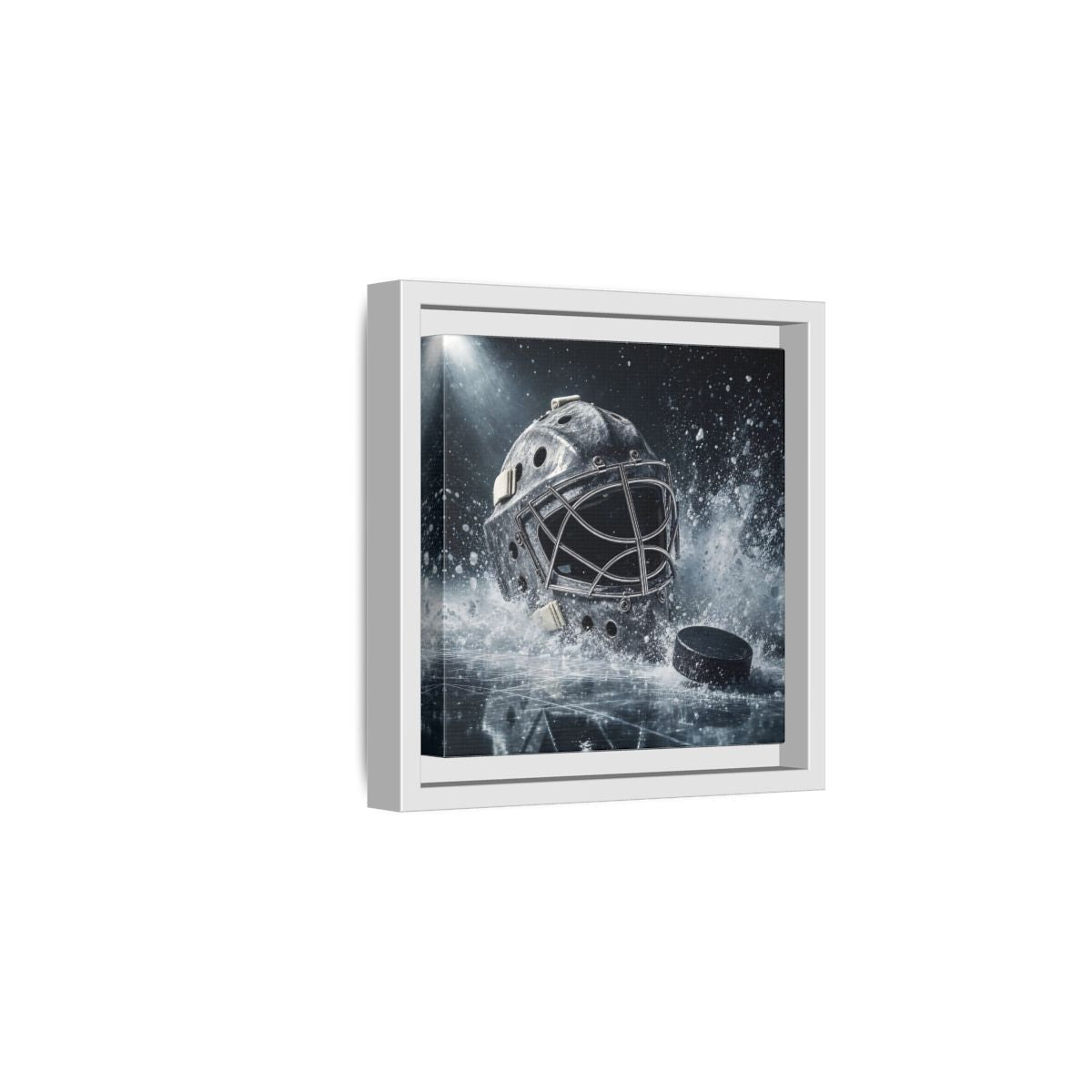 Side Mockup 1. Goalie Mask And Puck shown as framed canvas print