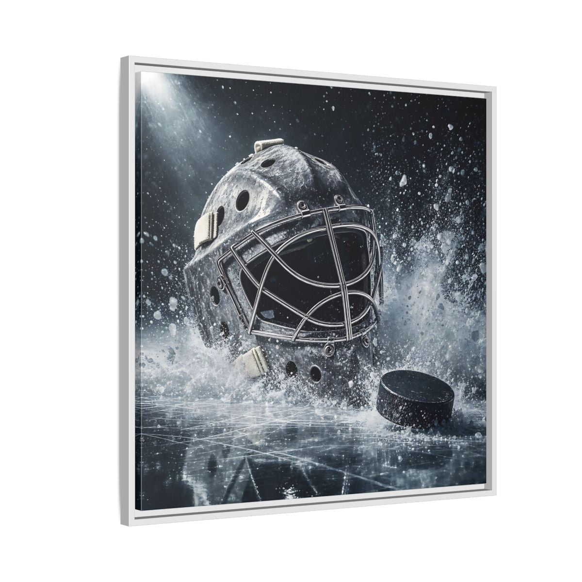 Side Mockup 7. Goalie Mask And Puck shown as framed canvas print