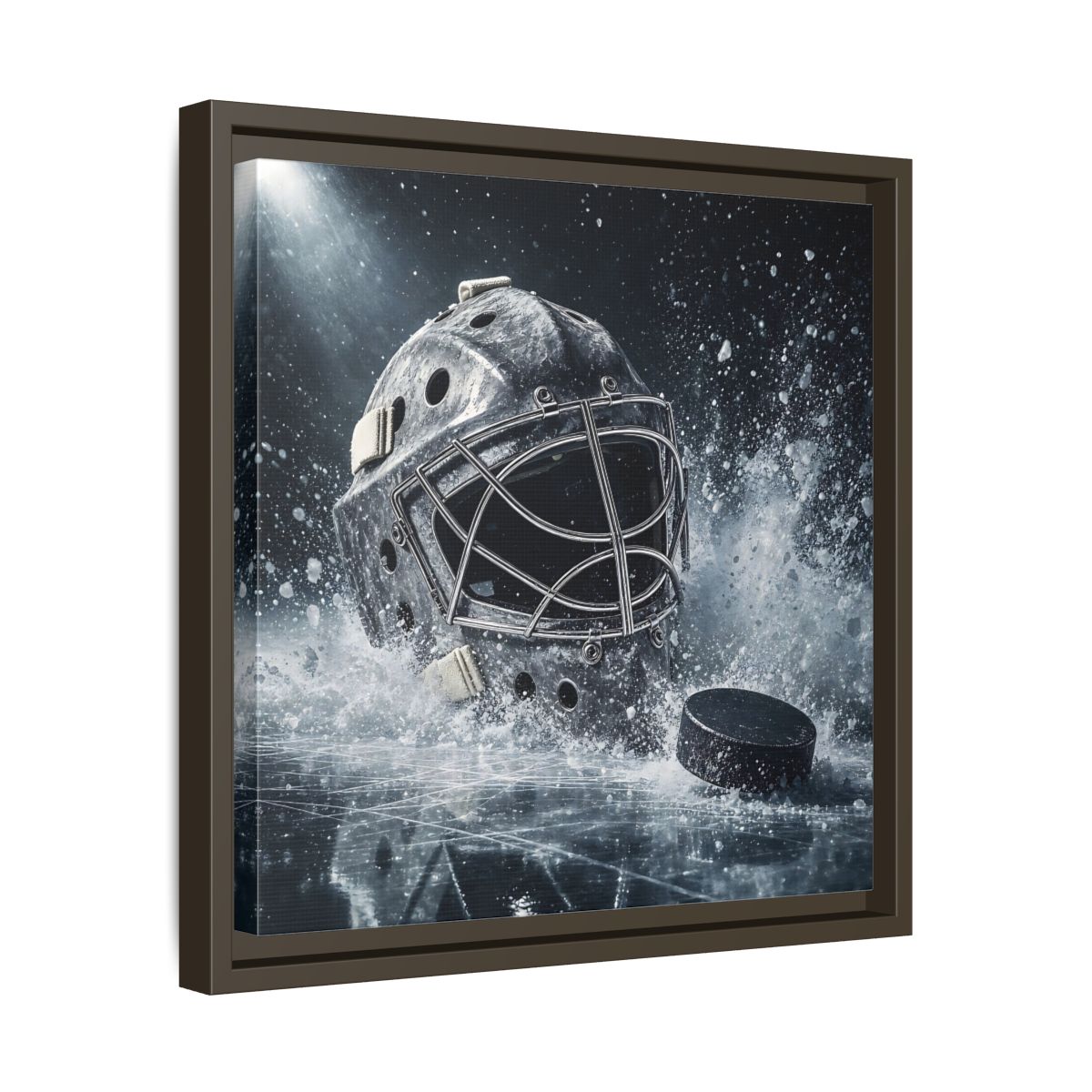 Side Mockup 29. Goalie Mask And Puck shown as framed canvas print