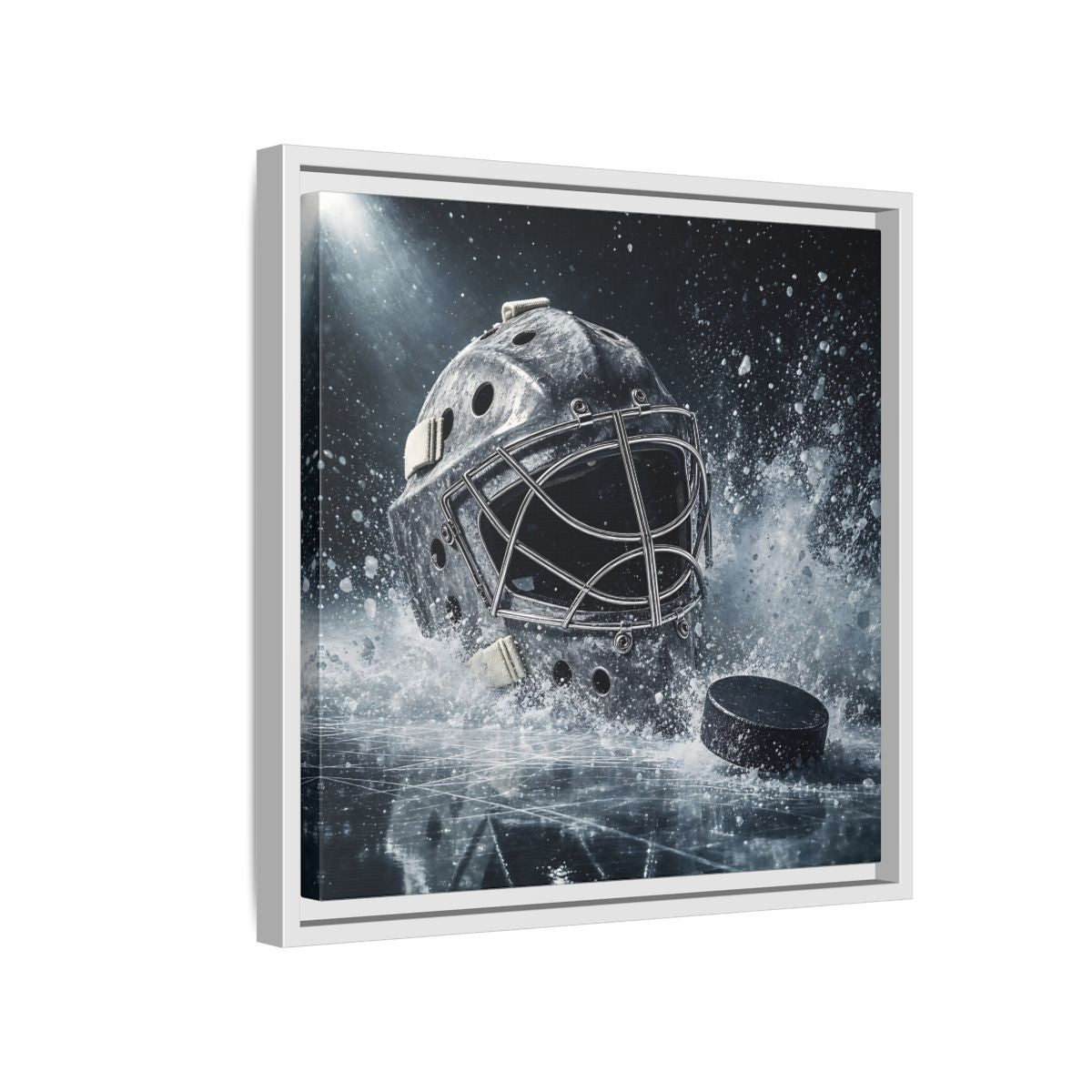 Side Mockup 13. Goalie Mask And Puck shown as framed canvas print