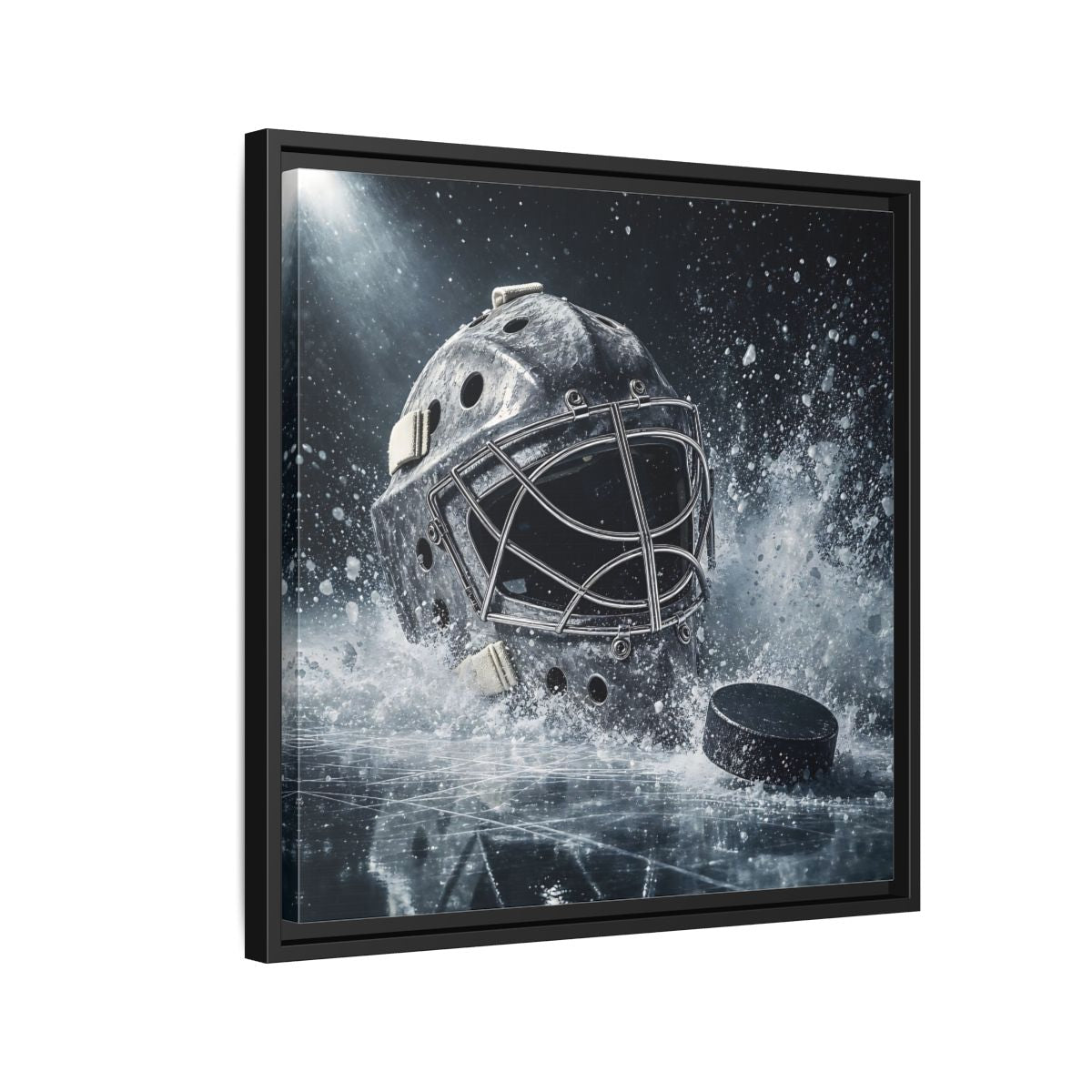 Side Mockup 12. Goalie Mask And Puck shown as framed canvas print