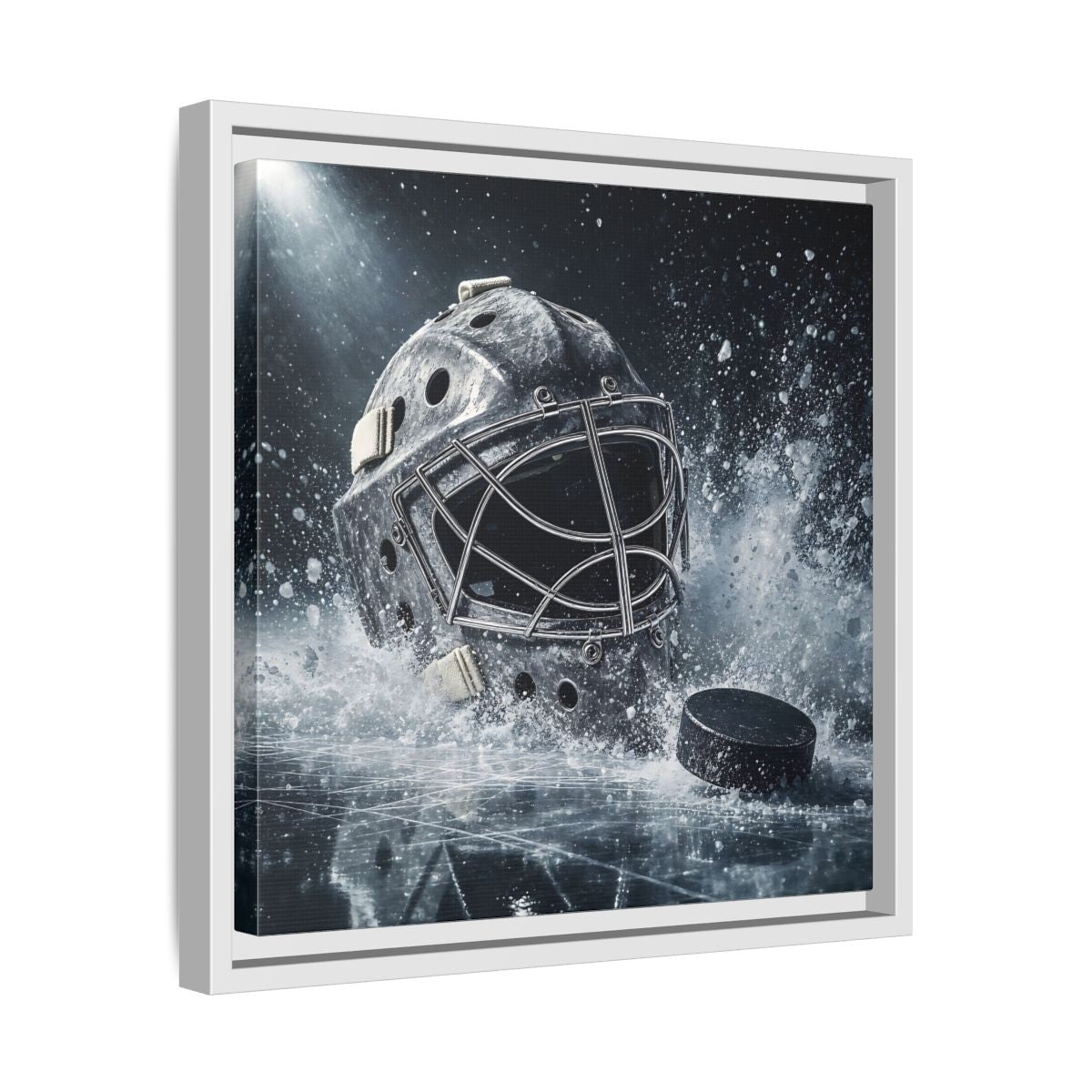 Side Mockup 28. Goalie Mask And Puck shown as framed canvas print