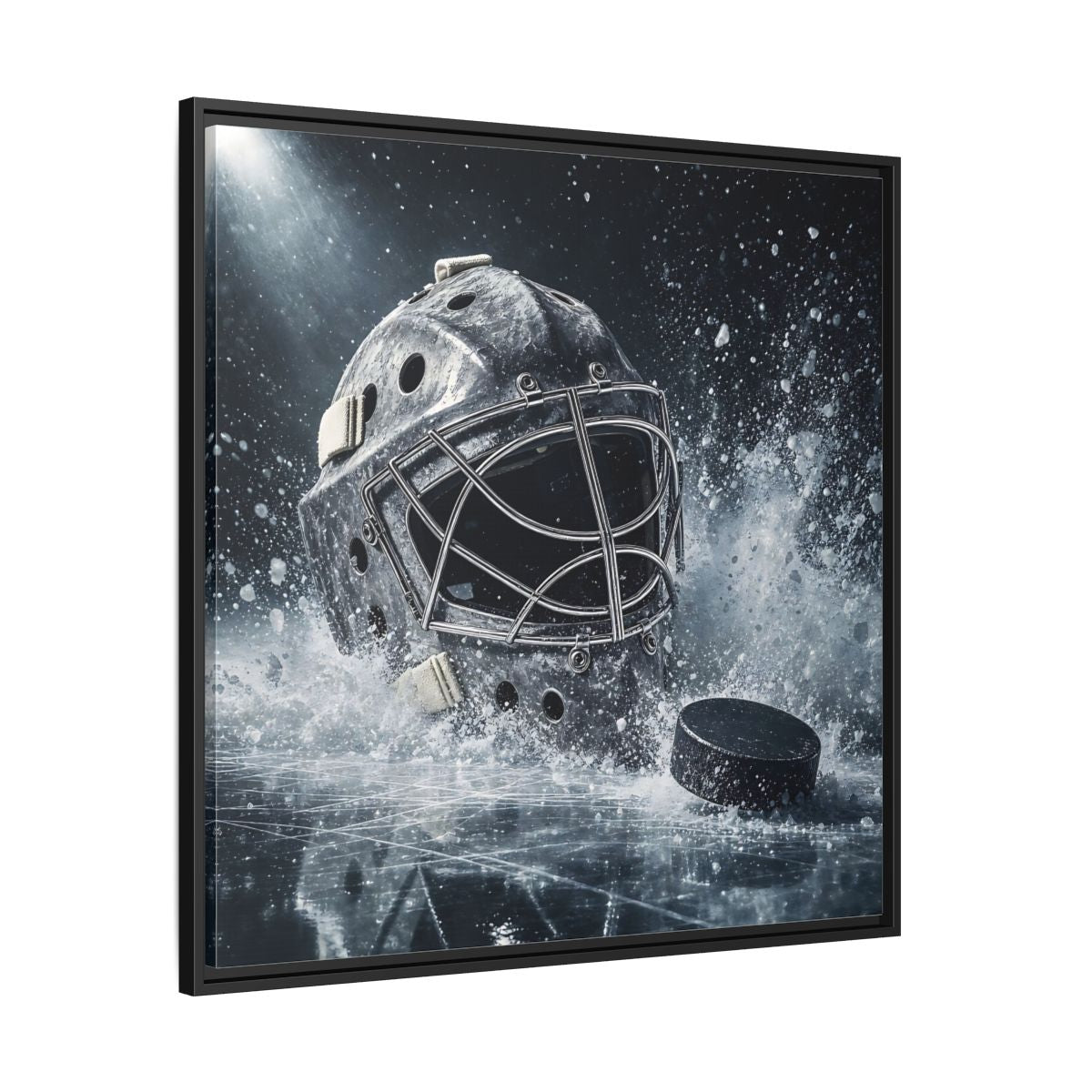 Side Mockup 30. Goalie Mask And Puck shown as framed canvas print