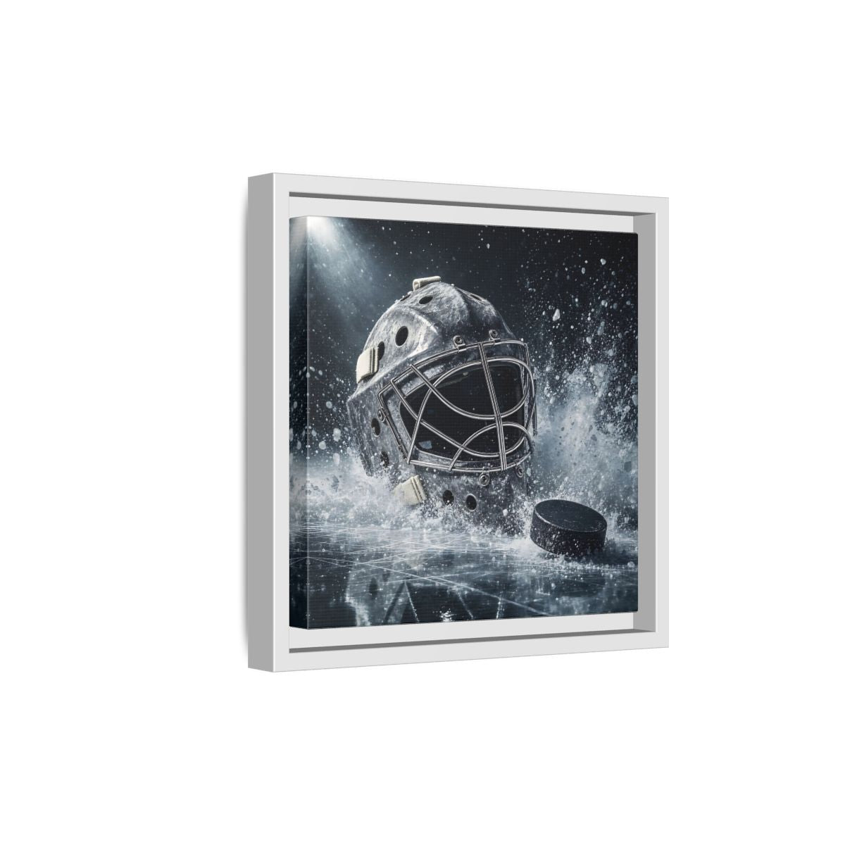 Side Mockup 19. Goalie Mask And Puck shown as framed canvas print