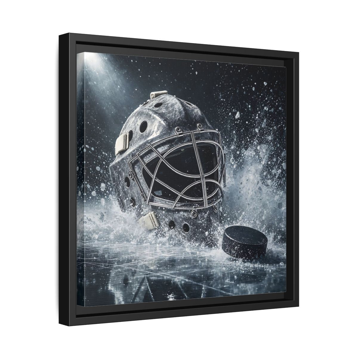Side Mockup 32. Goalie Mask And Puck shown as framed canvas print