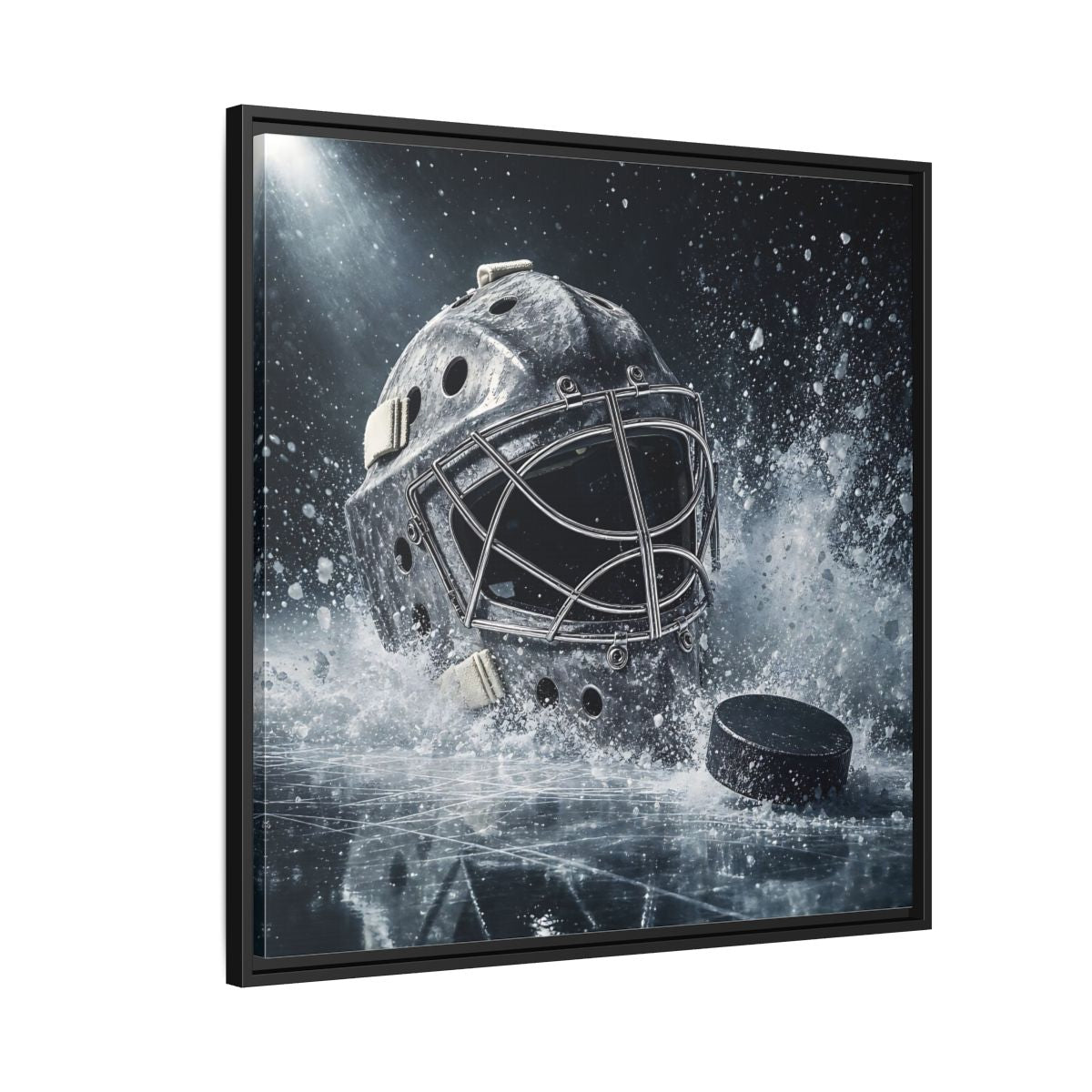 Side Mockup 9. Goalie Mask And Puck shown as framed canvas print