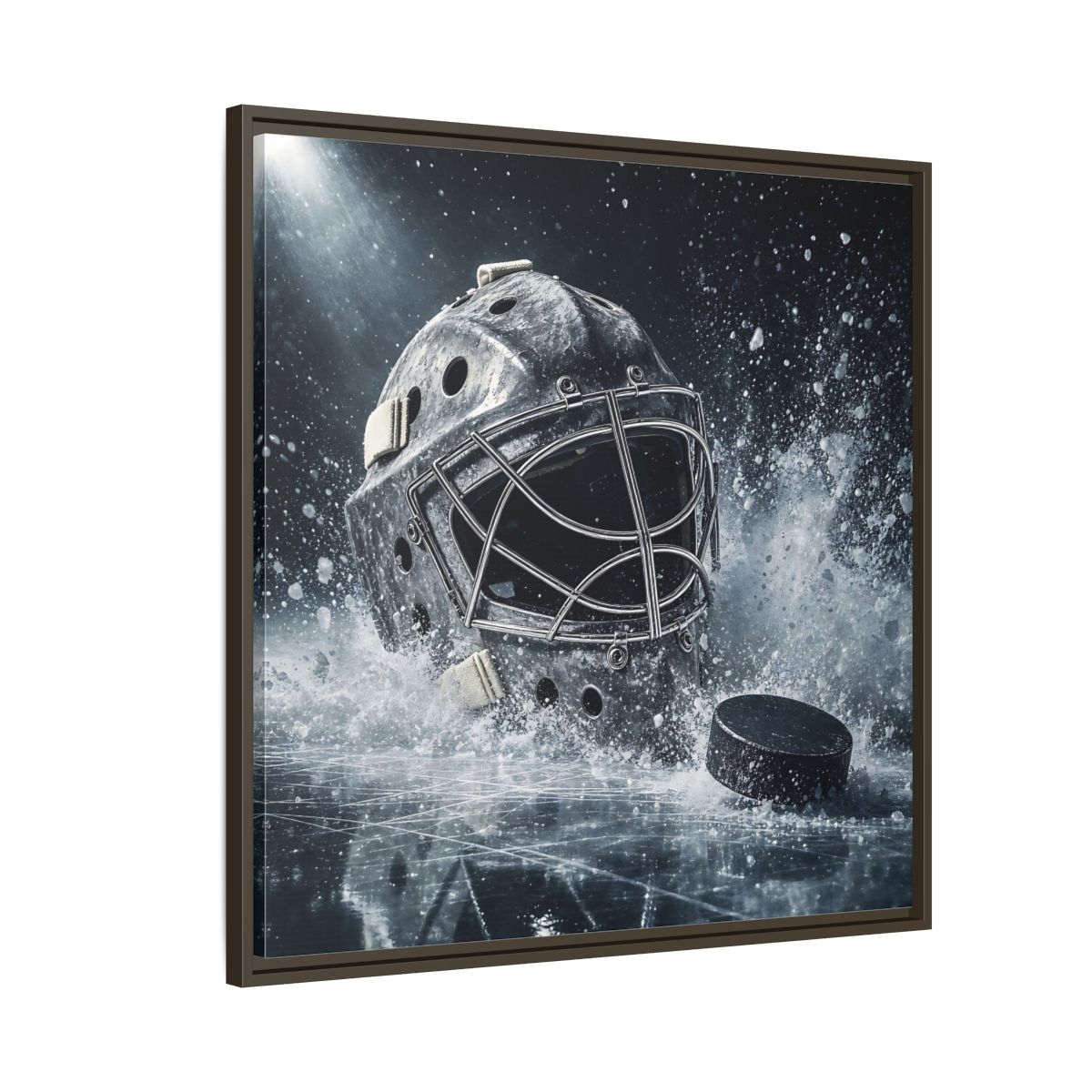 Side Mockup 8. Goalie Mask And Puck shown as framed canvas print