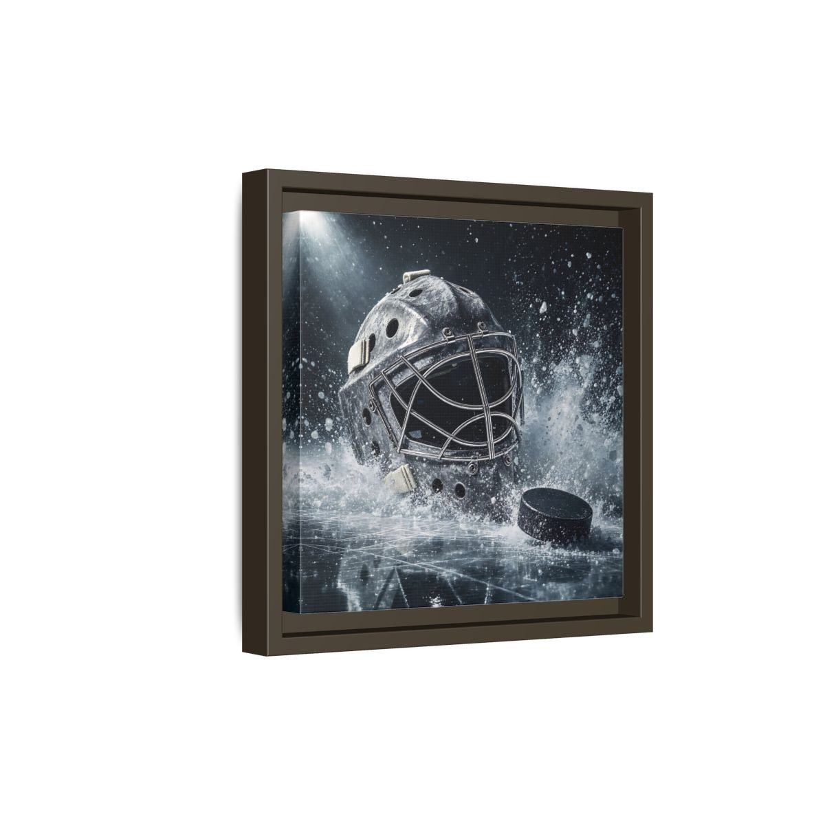 Side Mockup 20. Goalie Mask And Puck shown as framed canvas print