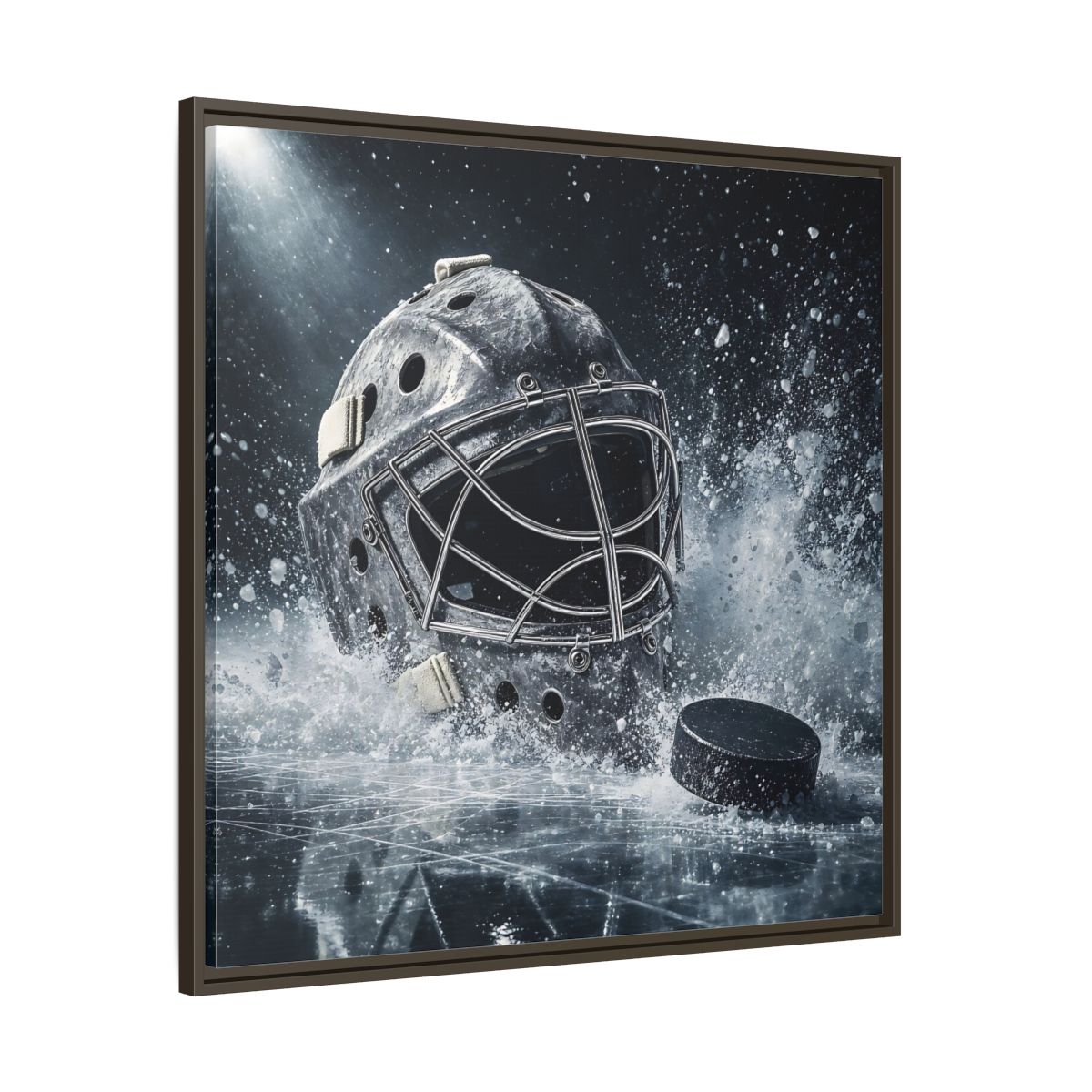 Main Mockup. Goalie Mask And Puck shown as framed canvas print