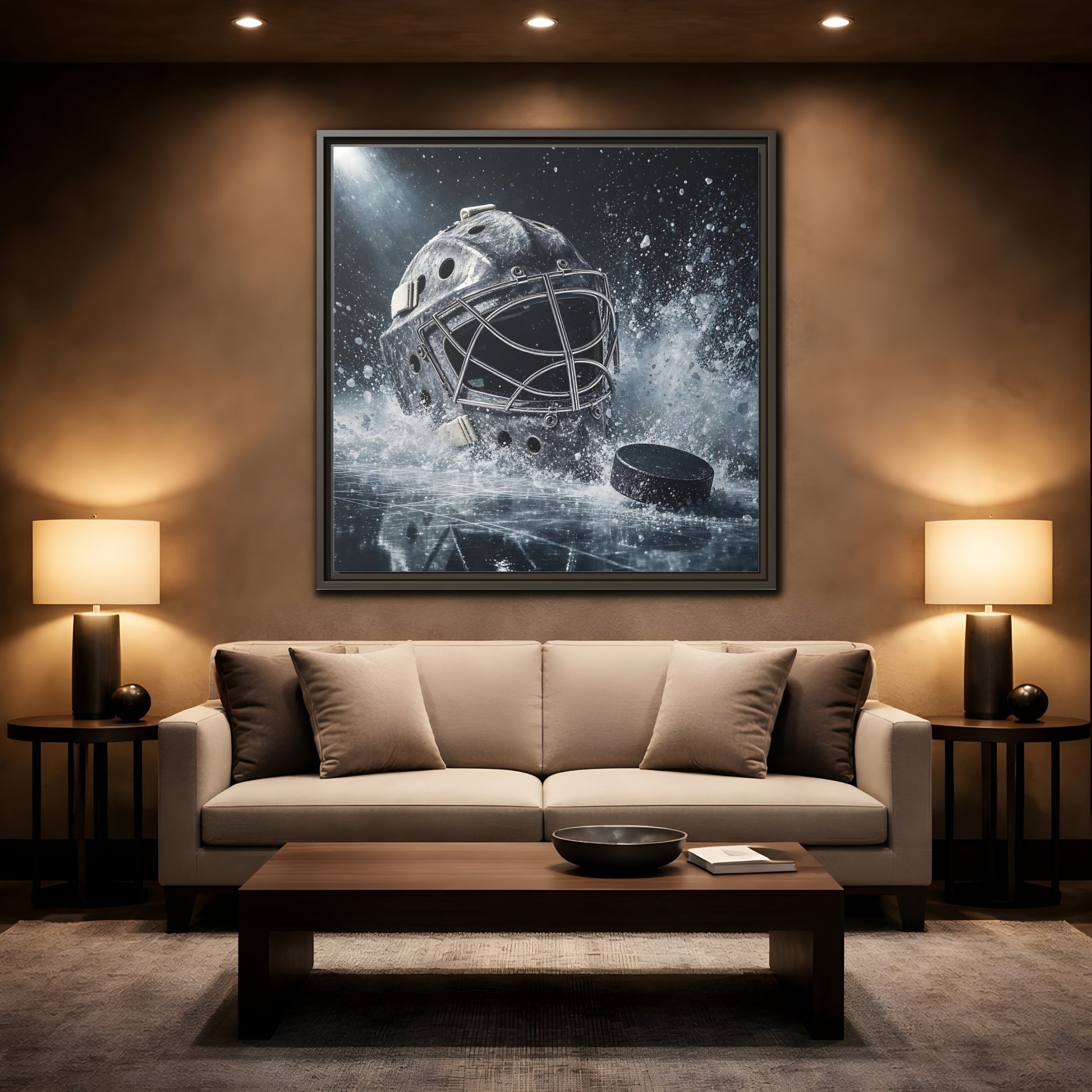 Mockup 2. Goalie Mask And Puck shown as framed canvas print