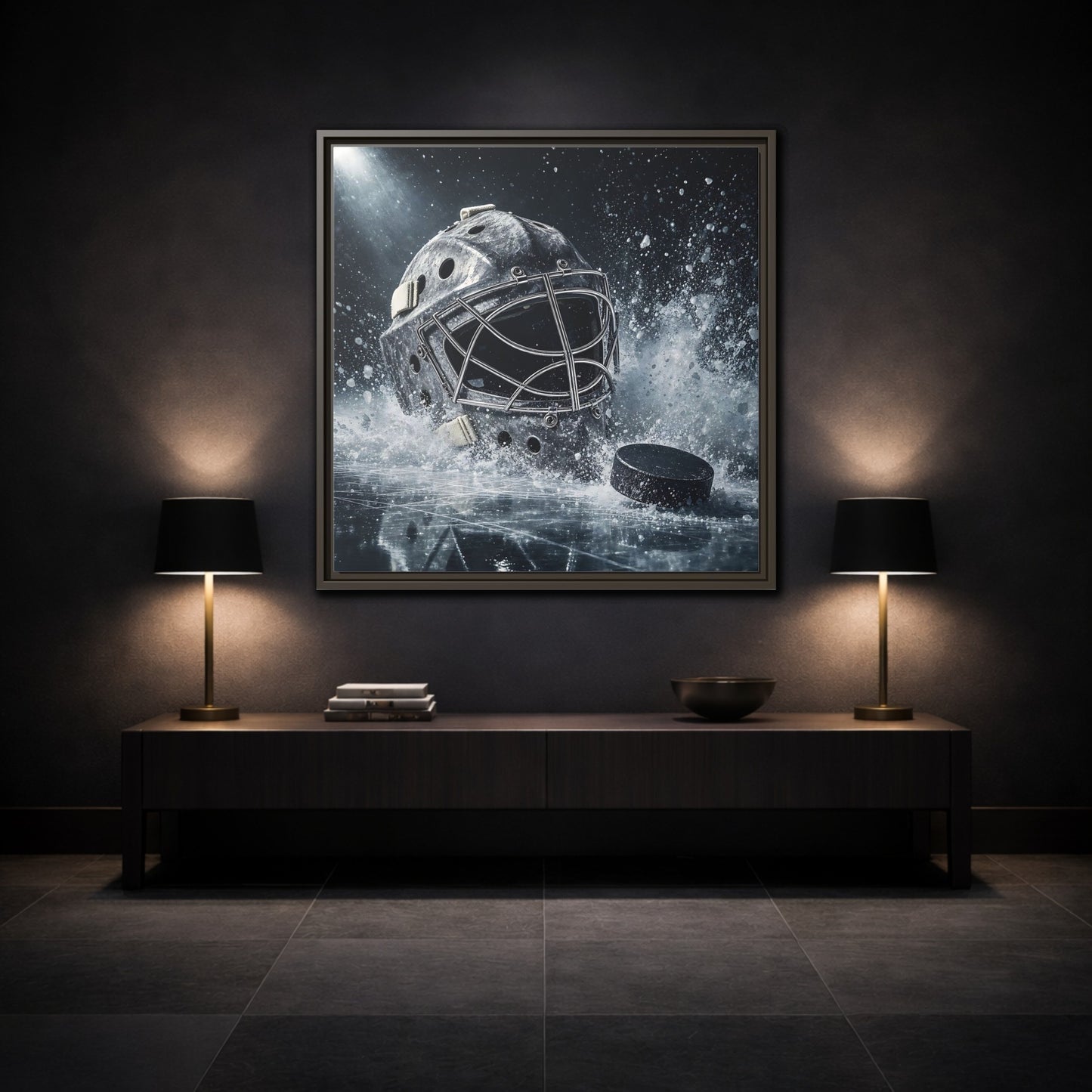 Mockup 3. Goalie Mask And Puck shown as framed canvas print
