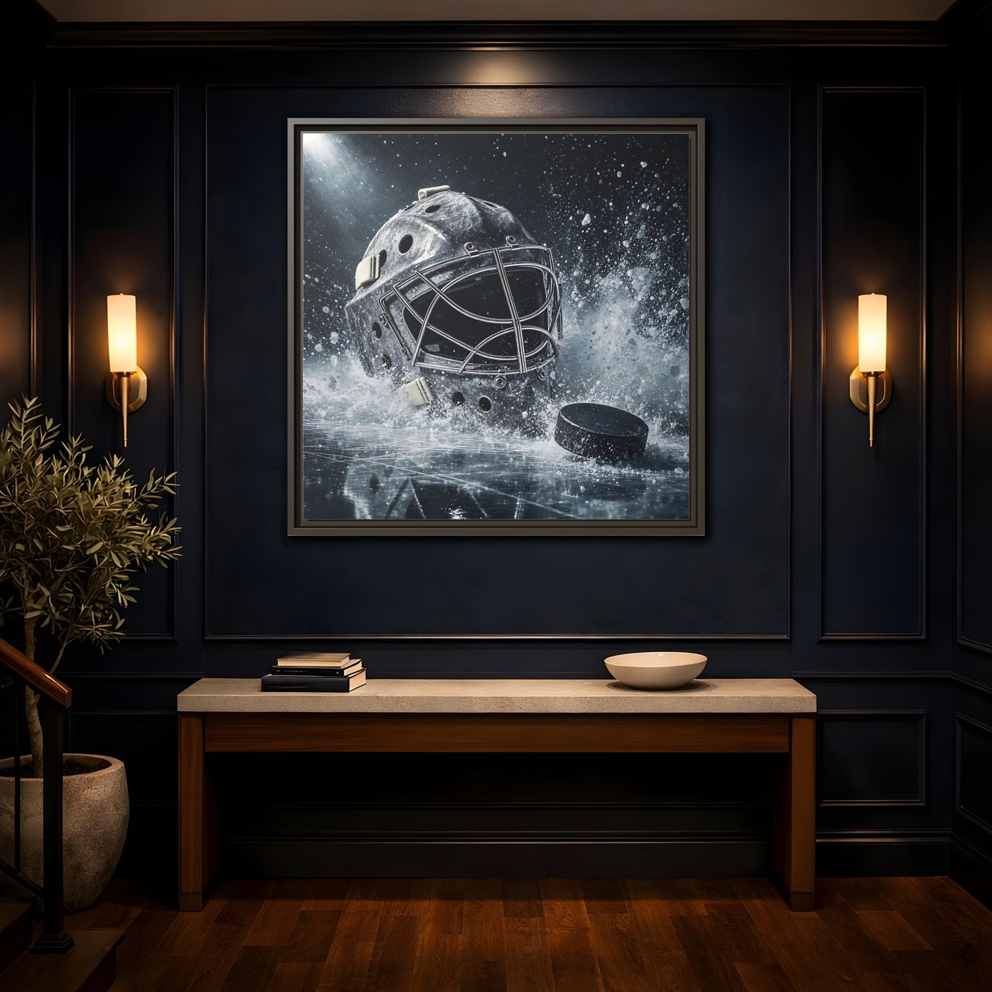 Mockup 4. Goalie Mask And Puck shown as framed canvas print