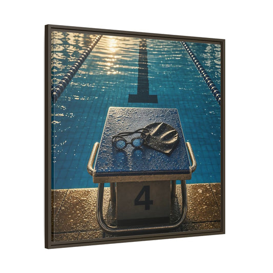 Main Mockup. Goggles On Starting Block shown as framed canvas print