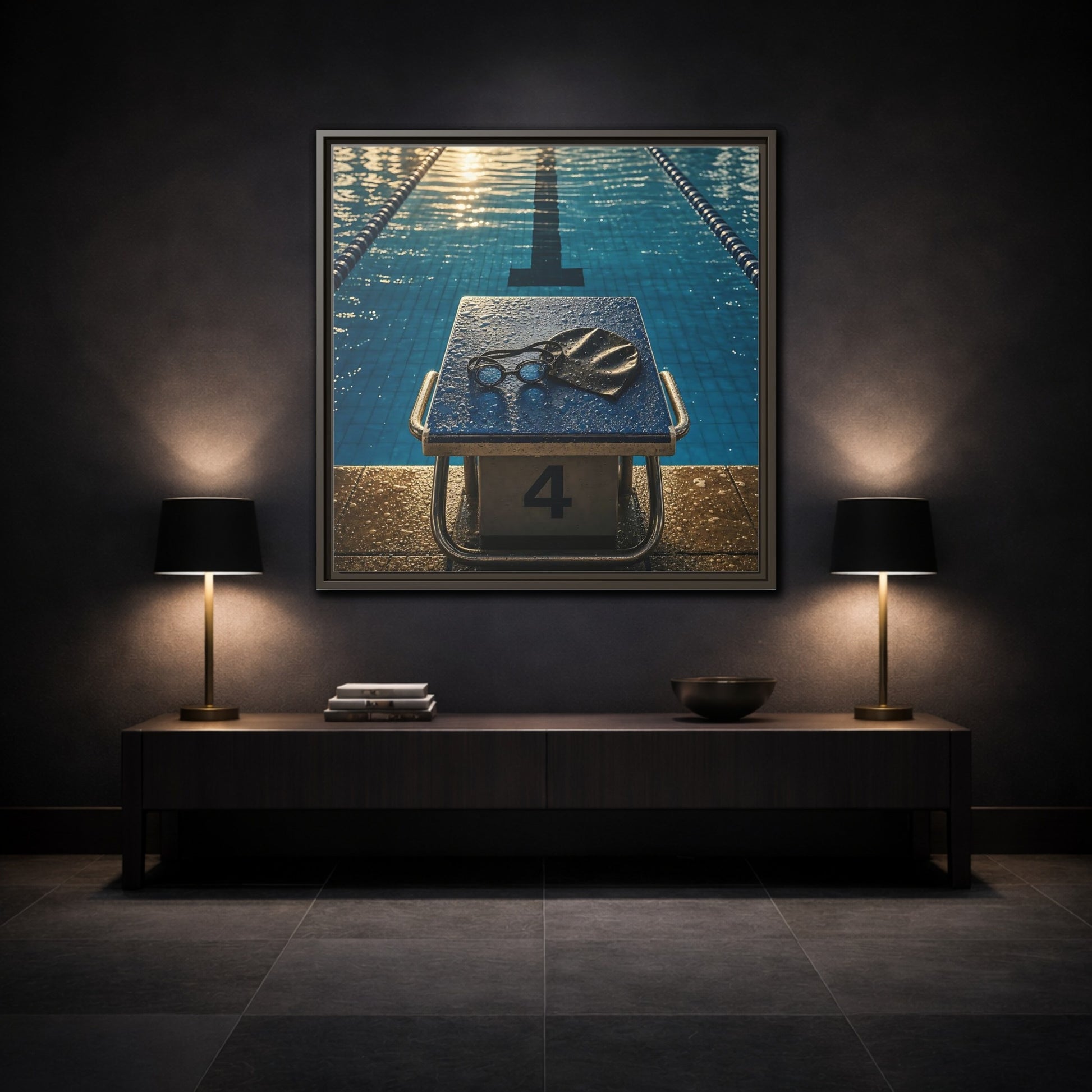 Mockup 3. Goggles On Starting Block shown as framed canvas print
