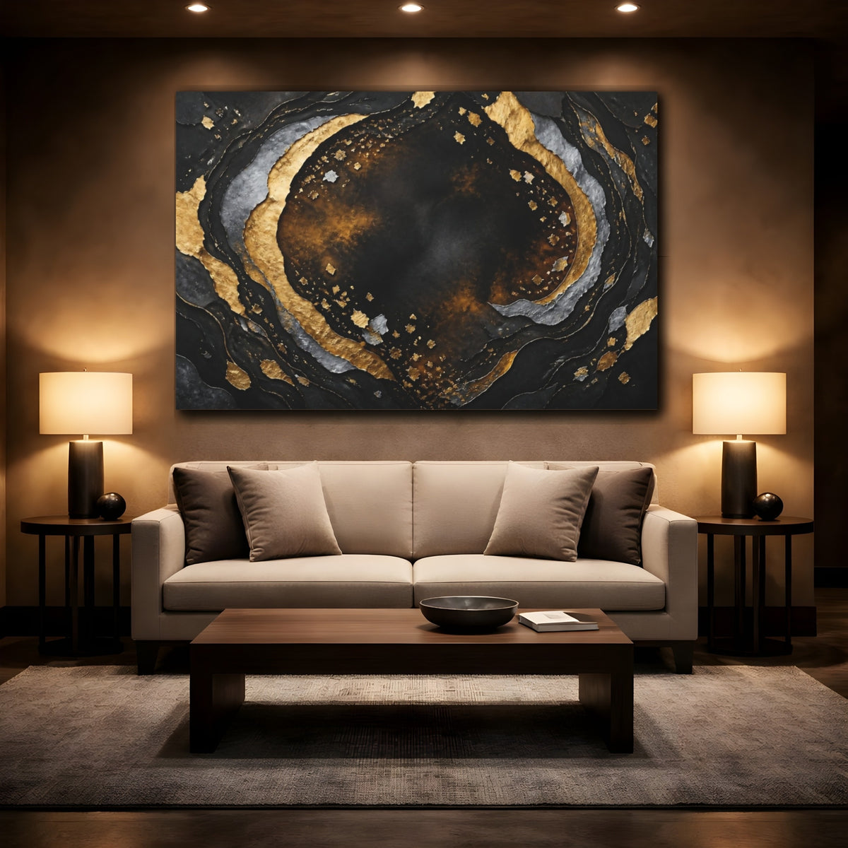 Mockup 2. Gold Abstract Layers shown as canvas print