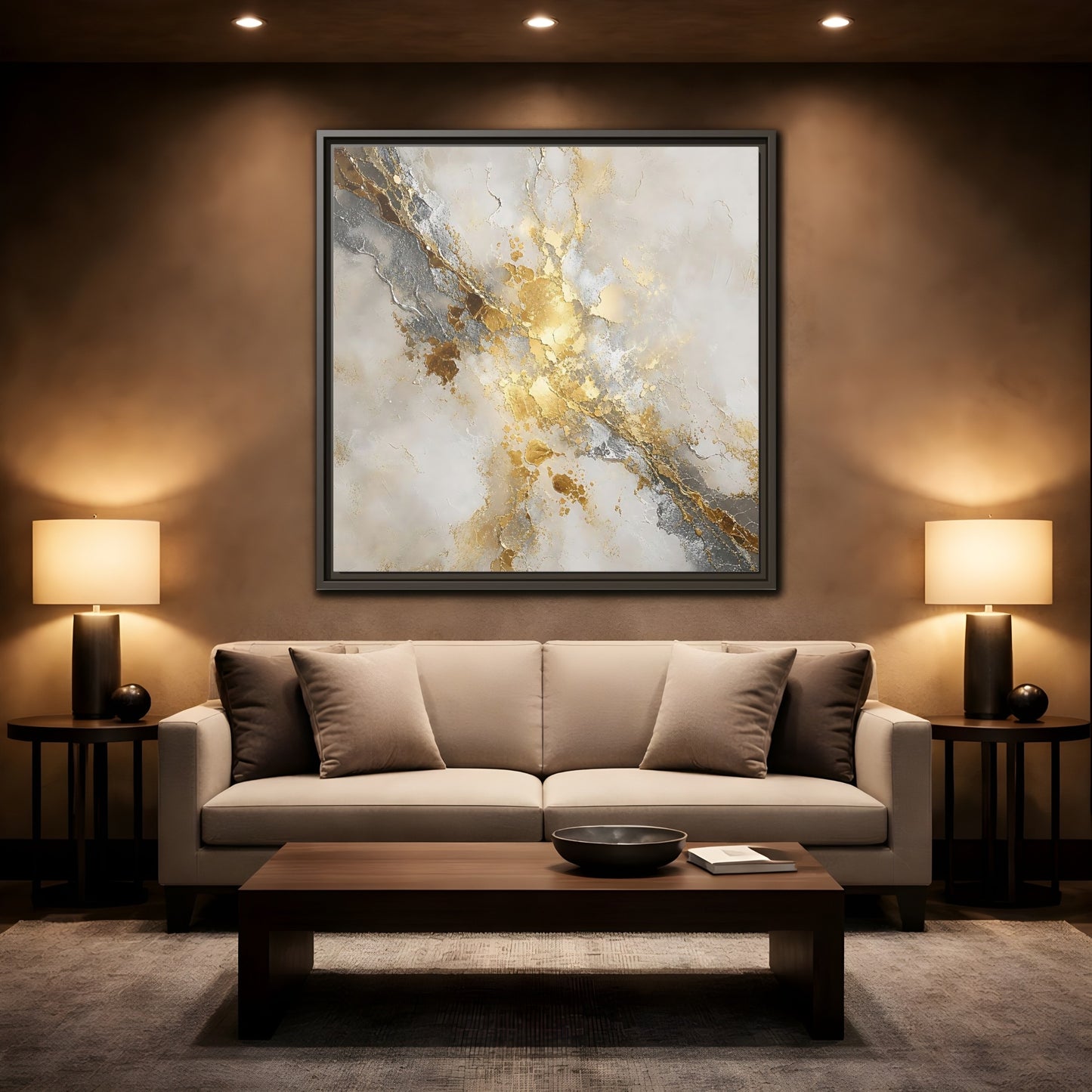 Mockup 2. Gold Marble Abstract Burst shown as framed canvas print