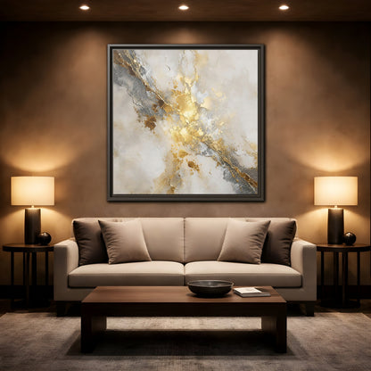 Mockup 2. Gold Marble Abstract Burst shown as framed canvas print