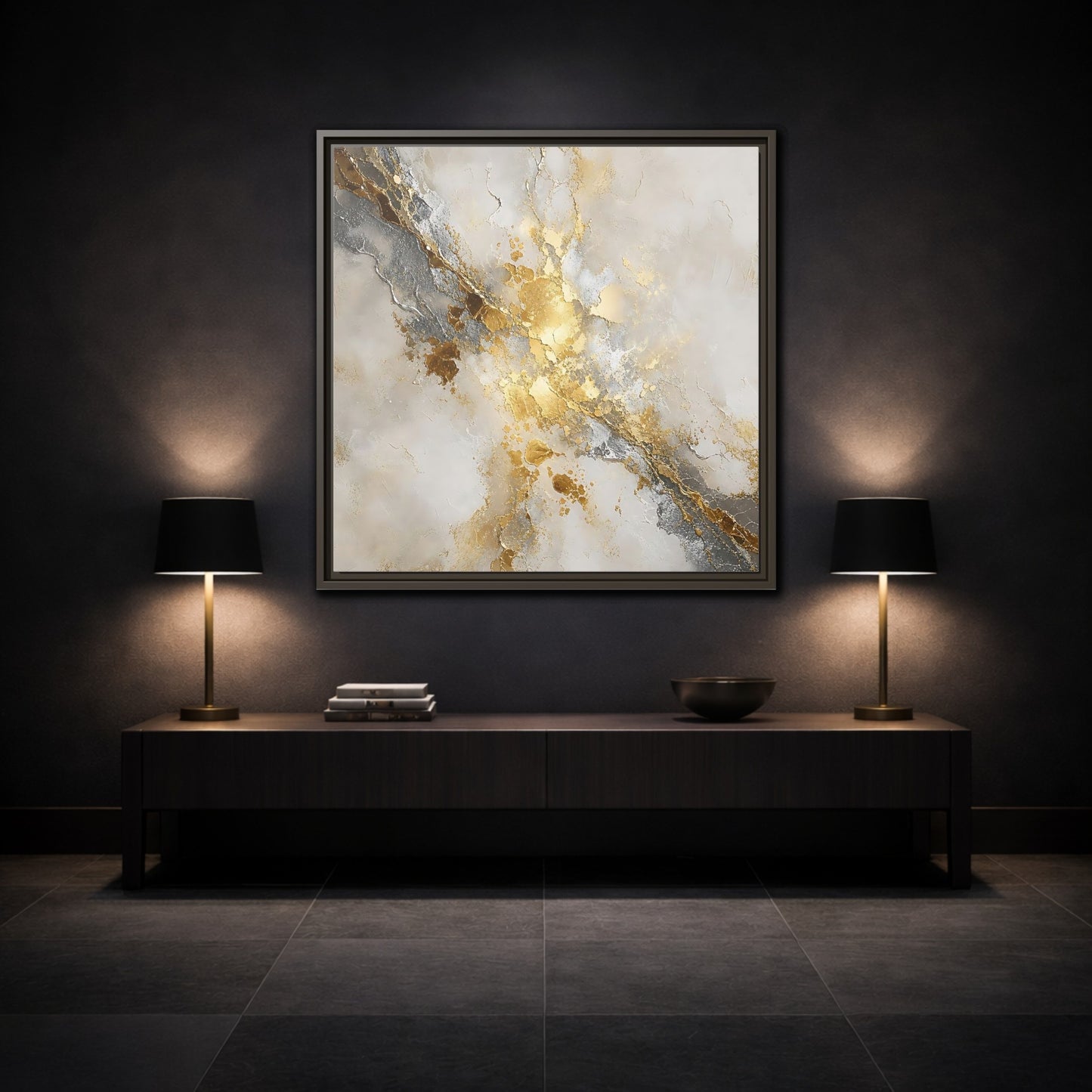Mockup 3. Gold Marble Abstract Burst shown as framed canvas print