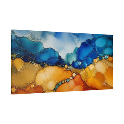 Main Mockup. Gold Veined Blue Horizon shown as canvas print