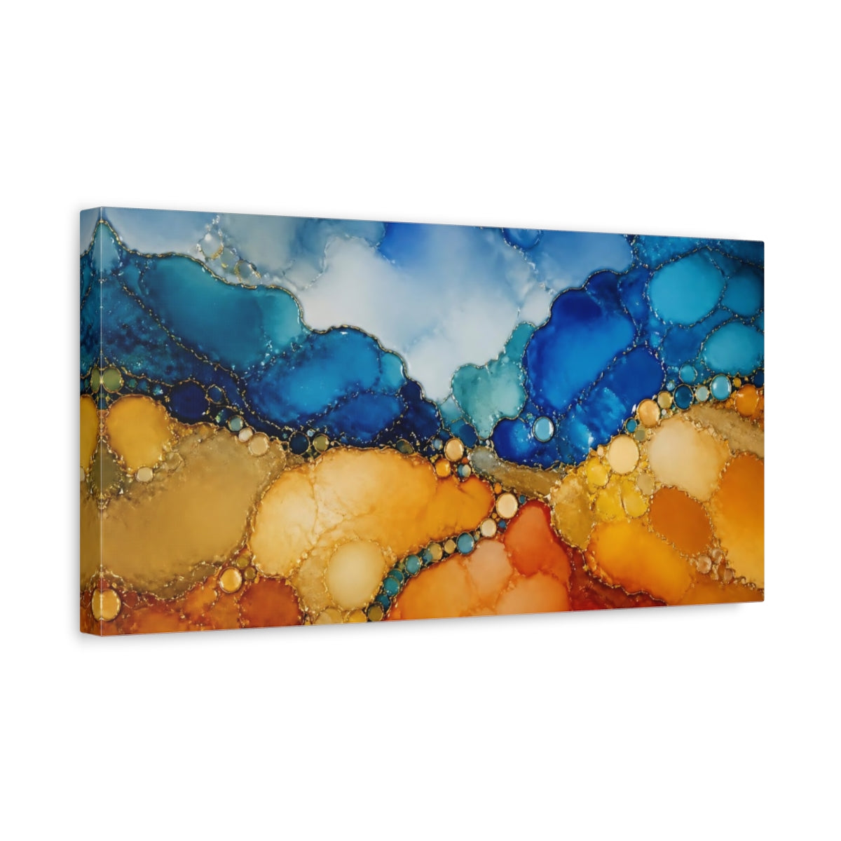 Side Mockup 3. Gold Veined Blue Horizon shown as canvas print
