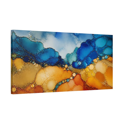 Side Mockup 1. Gold Veined Blue Horizon shown as canvas print