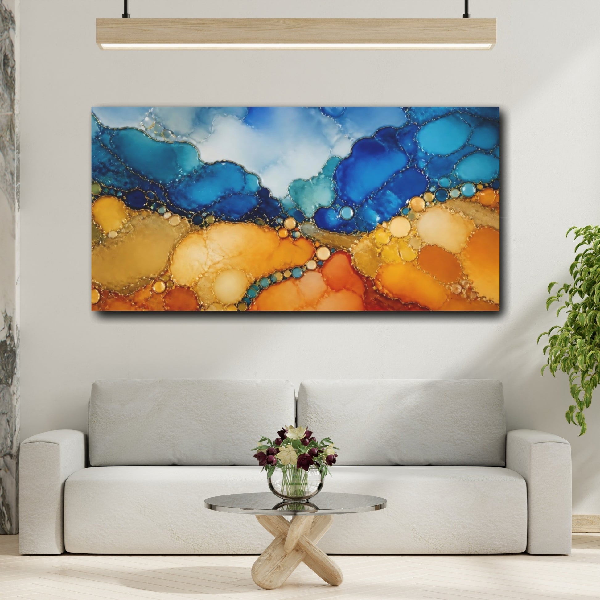 Mockup 2. Gold Veined Blue Horizon shown as canvas print