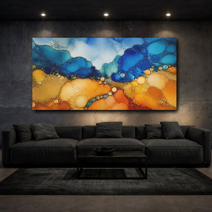 Mockup 3. Gold Veined Blue Horizon shown as canvas print