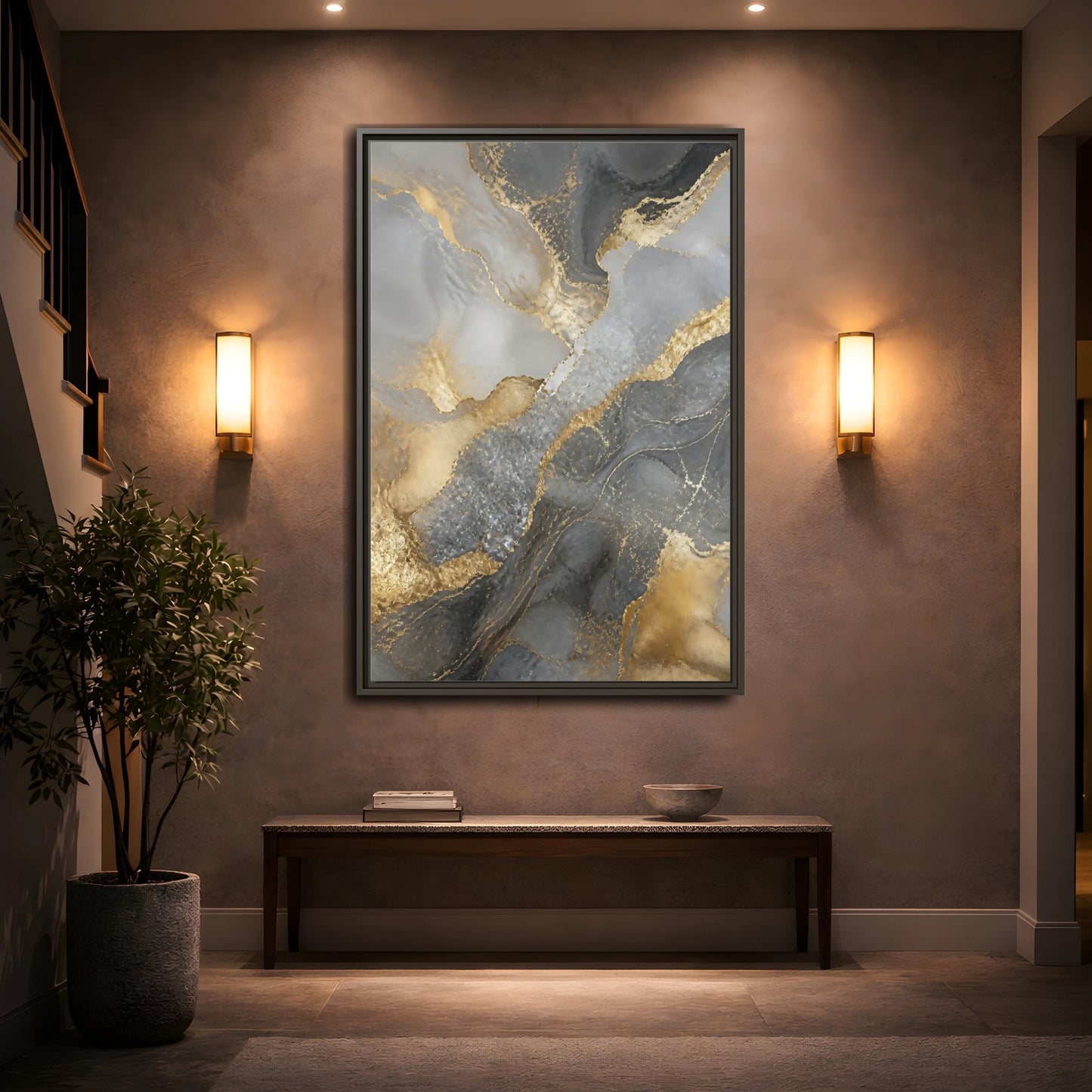 Mockup 2. Gold Veined Marble Art shown as framed canvas print