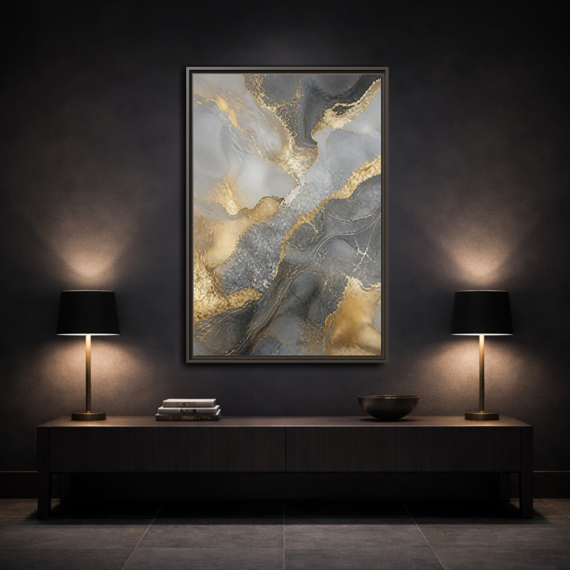 Mockup 3. Gold Veined Marble Art shown as framed canvas print