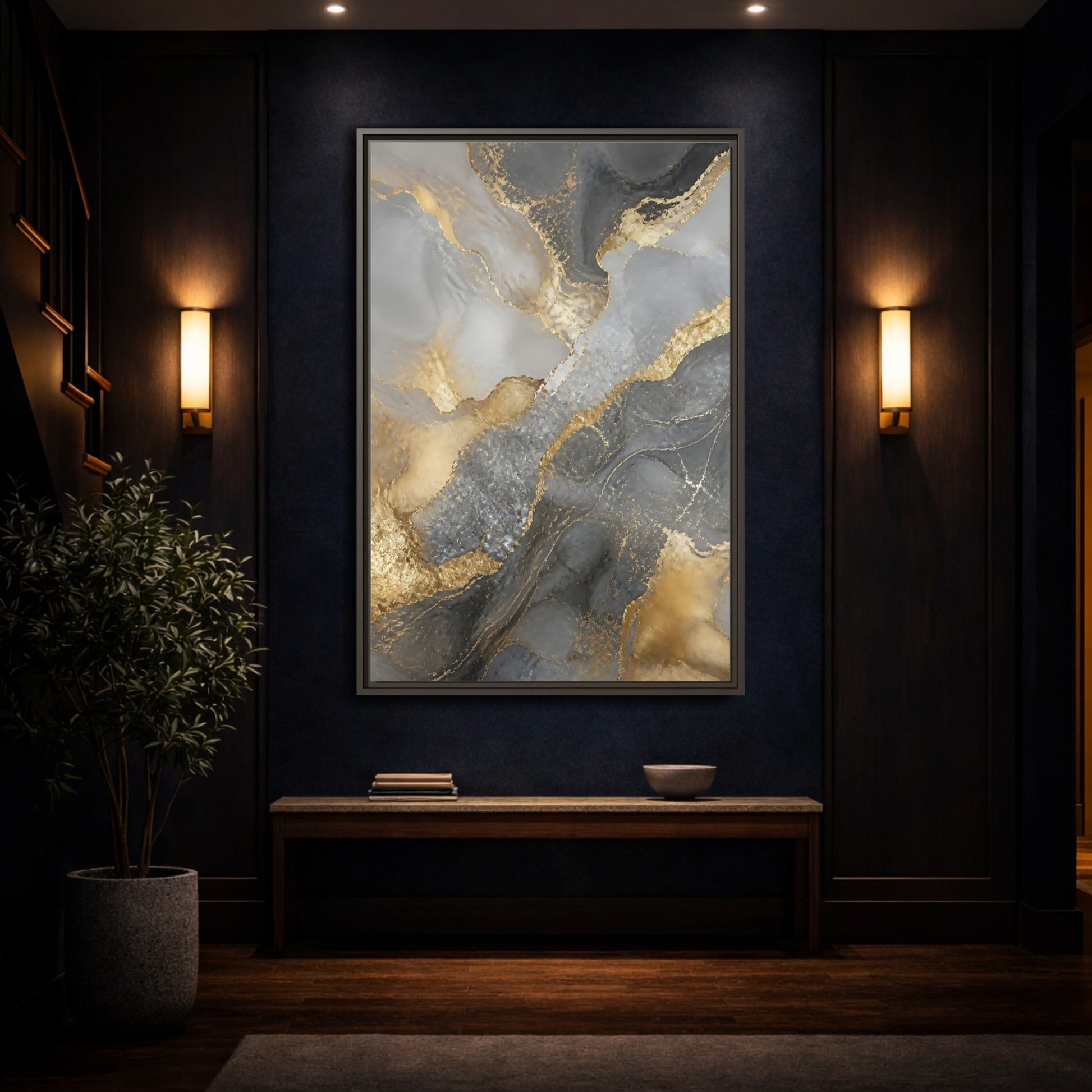 Mockup 4. Gold Veined Marble Art shown as framed canvas print