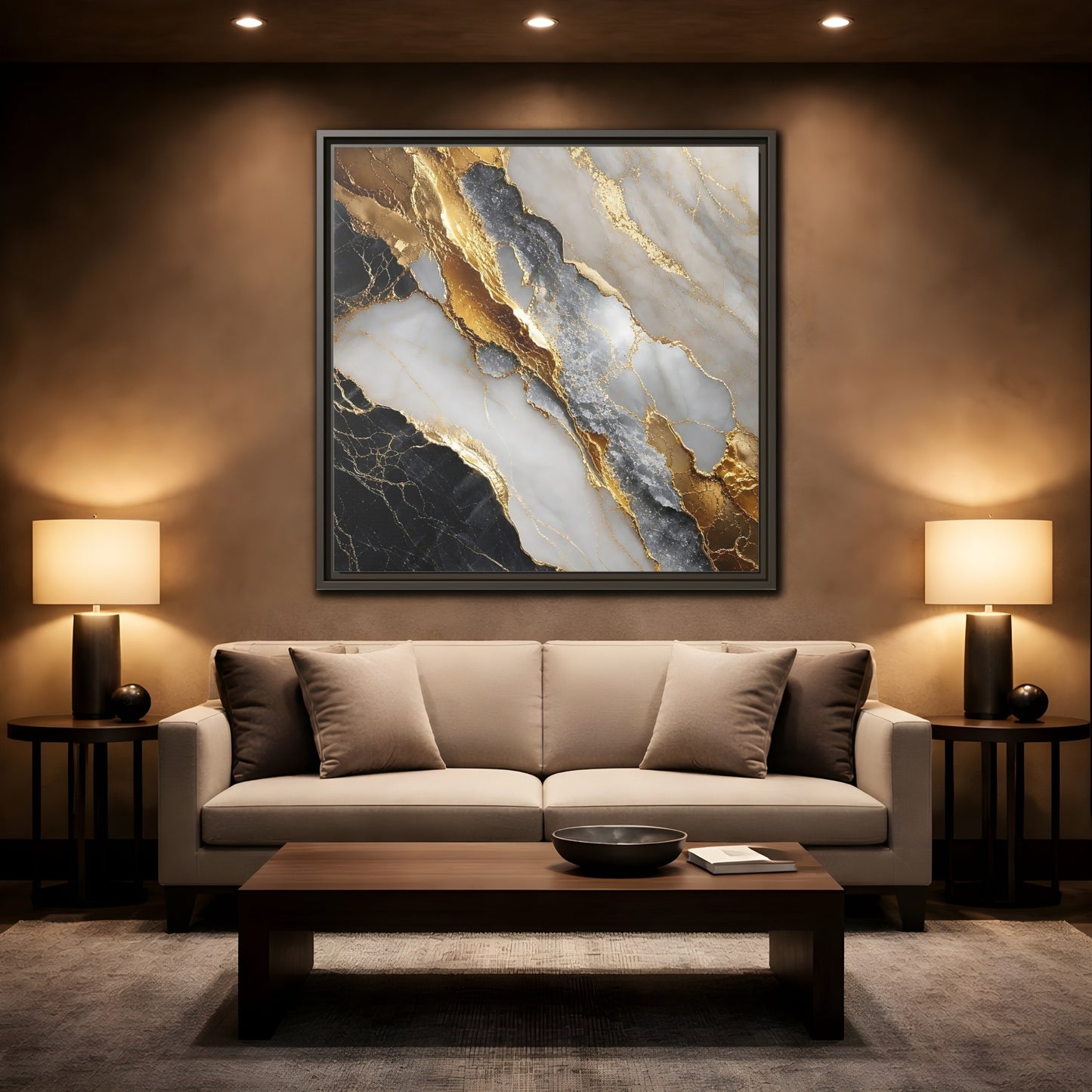 Mockup 2. Gold Veined Marble shown as framed canvas print
